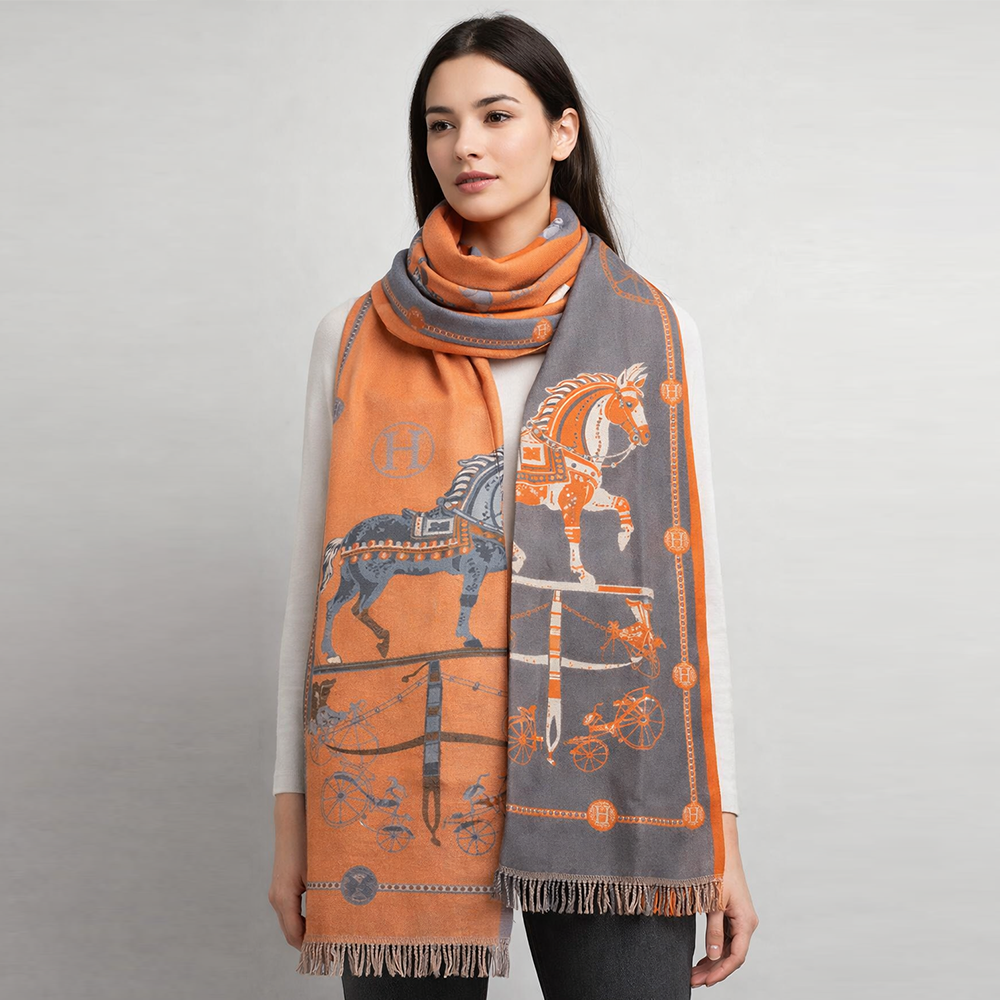 Hermès Horse Print Scarf – Orange & Grey