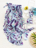 Tropical Print Bikini Set Frill Trim Micro Bra & Hipster Bottom & Beach Skirt 3 Piece Bathing Suit