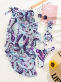 Tropical Print Bikini Set Frill Trim Micro Bra & Hipster Bottom & Beach Skirt 3 Piece Bathing Suit