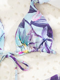 Tropical Print Bikini Set Frill Trim Micro Bra & Hipster Bottom & Beach Skirt 3 Piece Bathing Suit