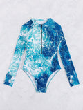 Women's Printed Half Zipper Long Sleeve One-Piece Swimsuit, Random Print