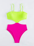 New Contrast Color High-End Vacation Style Hollow Out One-Piece Cami Swimsuit For Women