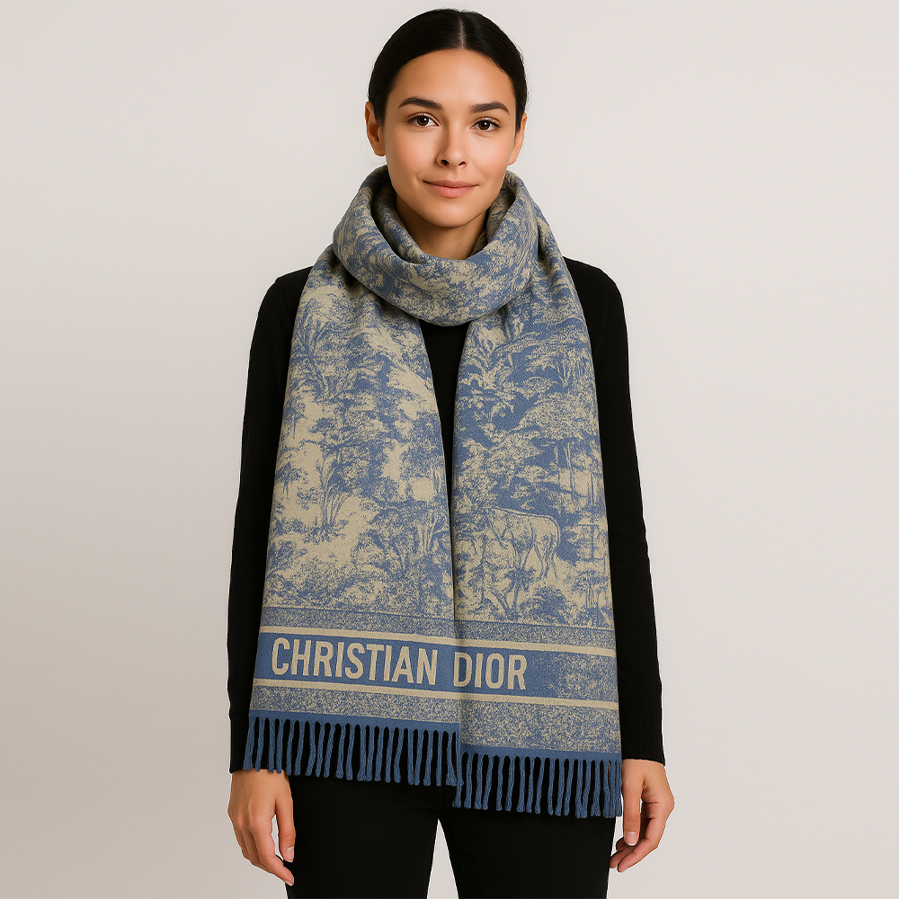 Christian Dior Toile de Jouy Wool Scarf – Blue & Beige