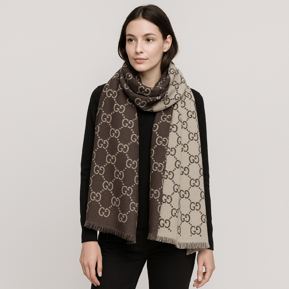 Gucci GG Reversible Wool & Cashmere Scarf – Brown & Beige
