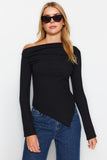 Black Draped Boat Neck Asymmetrical Knitted Blouse