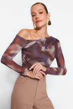 Brown Tulle Fitted Body Fitted Lined Asymmetrical Neckline Knitted Blouse