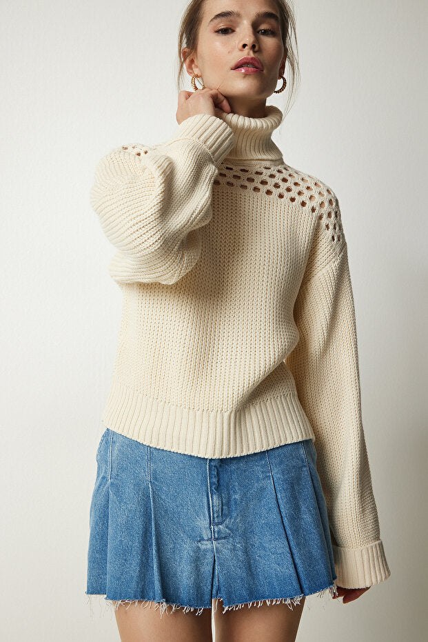 Women's Cream Turtleneck Scrolled Knit Sweater