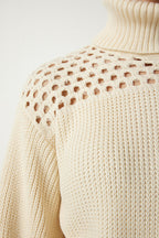 Women's Cream Turtleneck Scrolled Knit Sweater