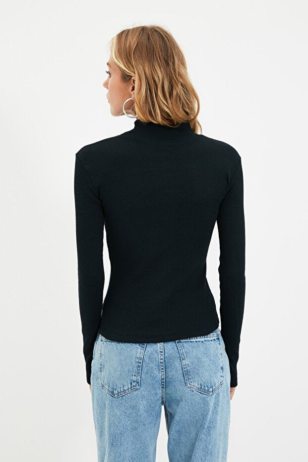 Black Fitted High Collar Long Sleeve Ribbed Stretchy Knitted Blouse