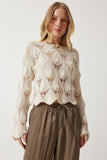 Women's Cream Openwork Crop Knitwear Blouse