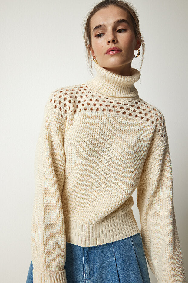 Women's Cream Turtleneck Scrolled Knit Sweater