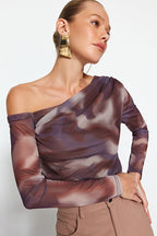 Brown Tulle Fitted Body Fitted Lined Asymmetrical Neckline Knitted Blouse