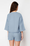 Blue  Lacing_Ribbon_Bow Detail Muslin Woven Pajamas Set