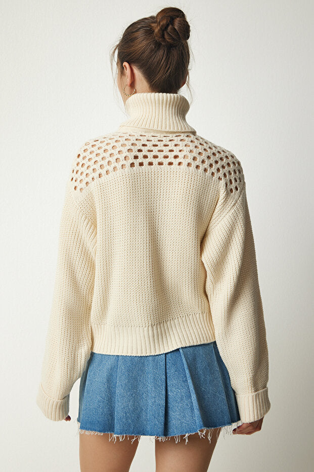 Women's Cream Turtleneck Scrolled Knit Sweater