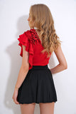 Woman's Red Single Shoulder Detailed Bottom Snap Blouse