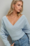 Women's Blue Front Back V Neck Double Breasted Blouse