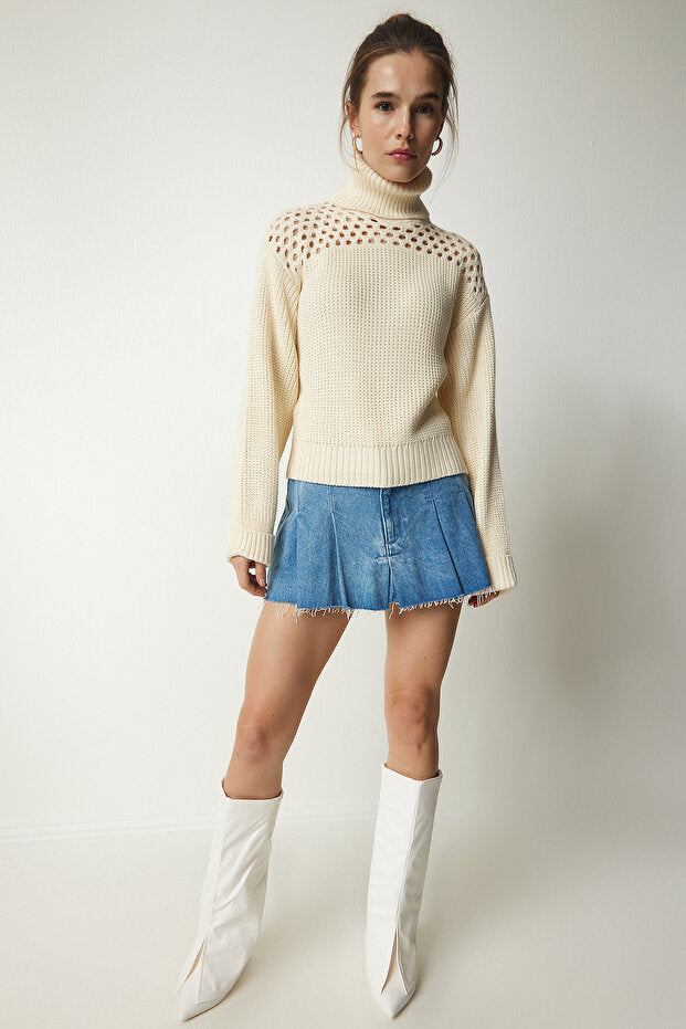 Women's Cream Turtleneck Scrolled Knit Sweater