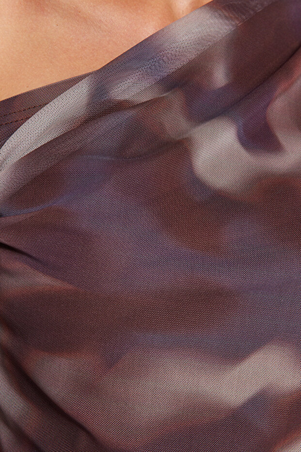 Brown Tulle Fitted Body Fitted Lined Asymmetrical Neckline Knitted Blouse