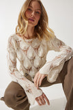 Women's Cream Openwork Crop Knitwear Blouse