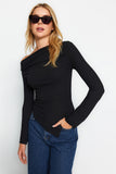 Black Draped Boat Neck Asymmetrical Knitted Blouse