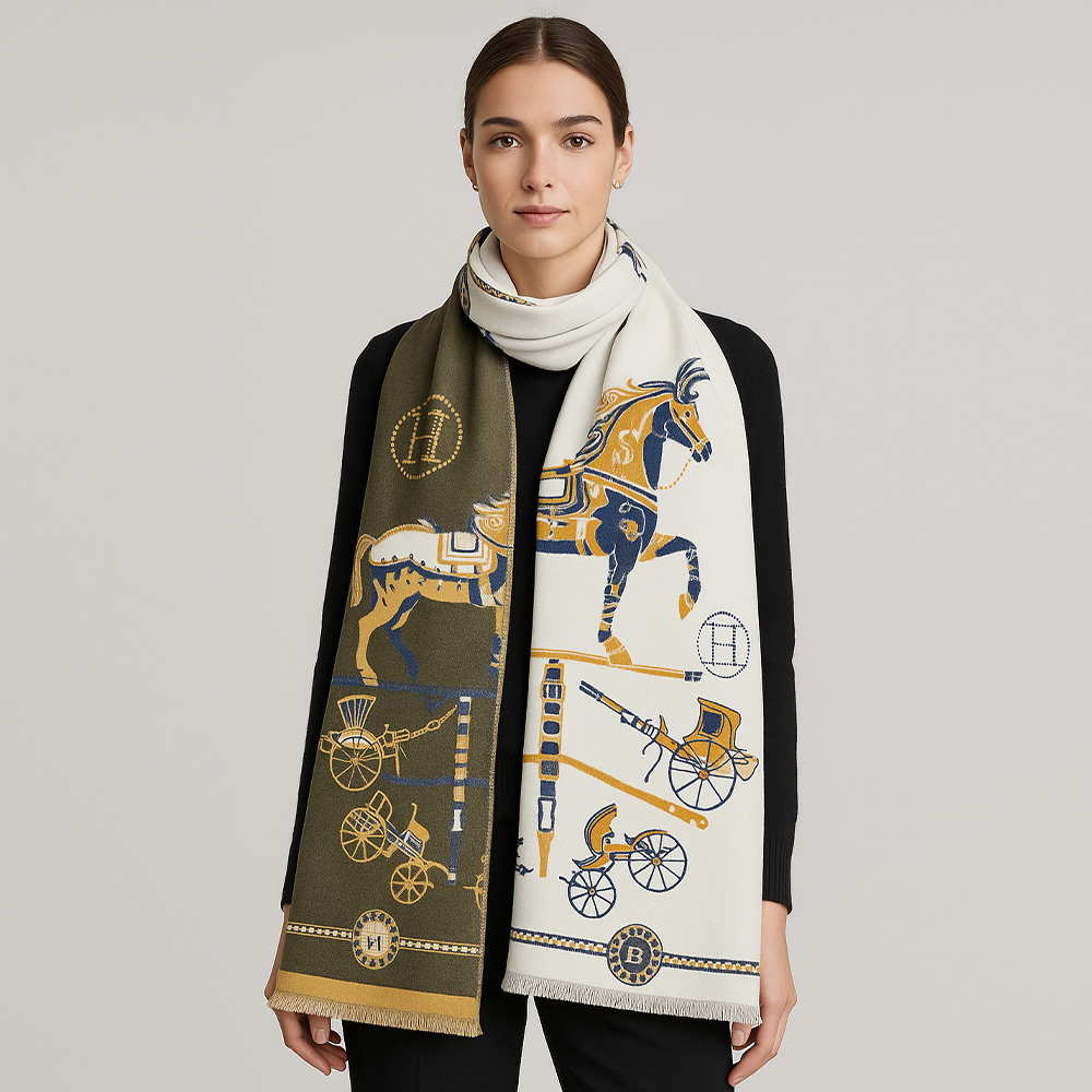 Hermès Horses & Carriage Wool Scarf – Green & Beige