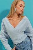 Women's Blue Front Back V Neck Double Breasted Blouse