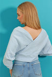 Women's Blue Front Back V Neck Double Breasted Blouse