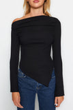 Black Draped Boat Neck Asymmetrical Knitted Blouse