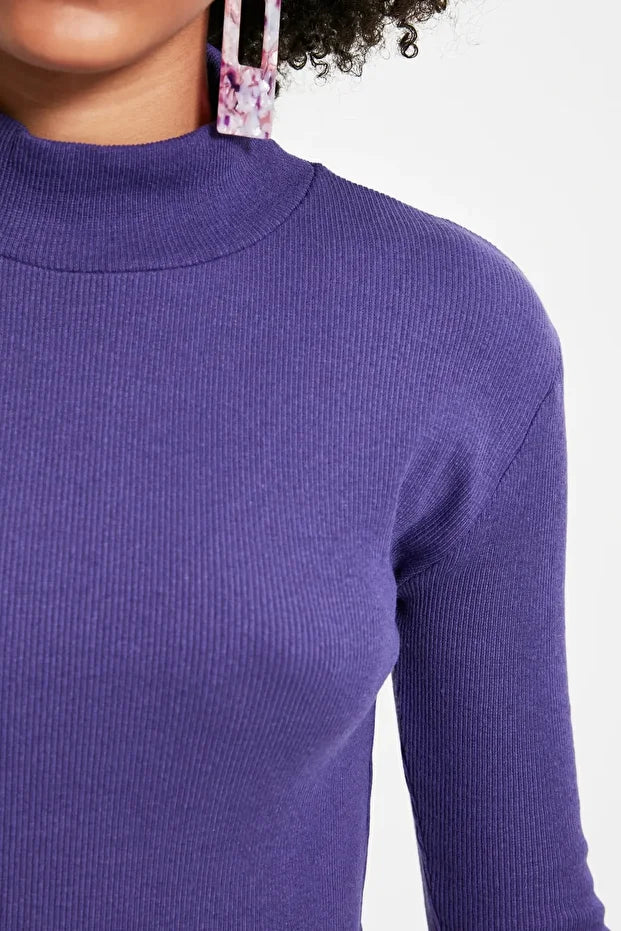 Purple Fitted High Neck Long Sleeve Ribbed Stretchy Knitted Blouse