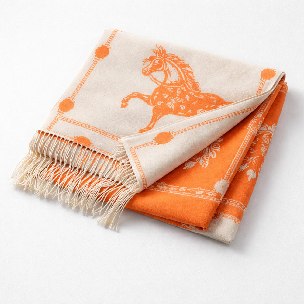 Hermès Horse Print Scarf – Orange & Beige