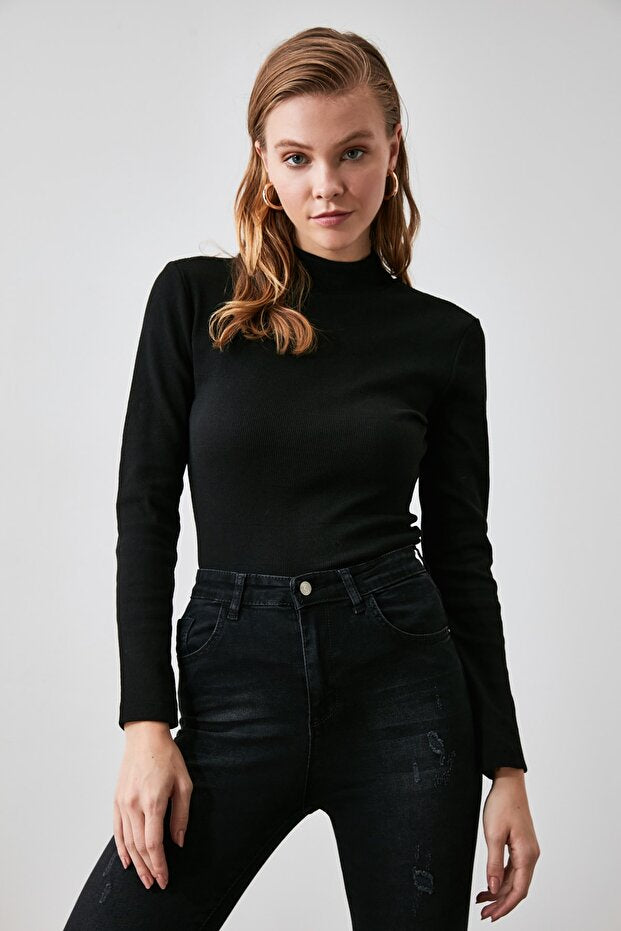 Black Fitted High Collar Long Sleeve Ribbed Stretchy Knitted Blouse