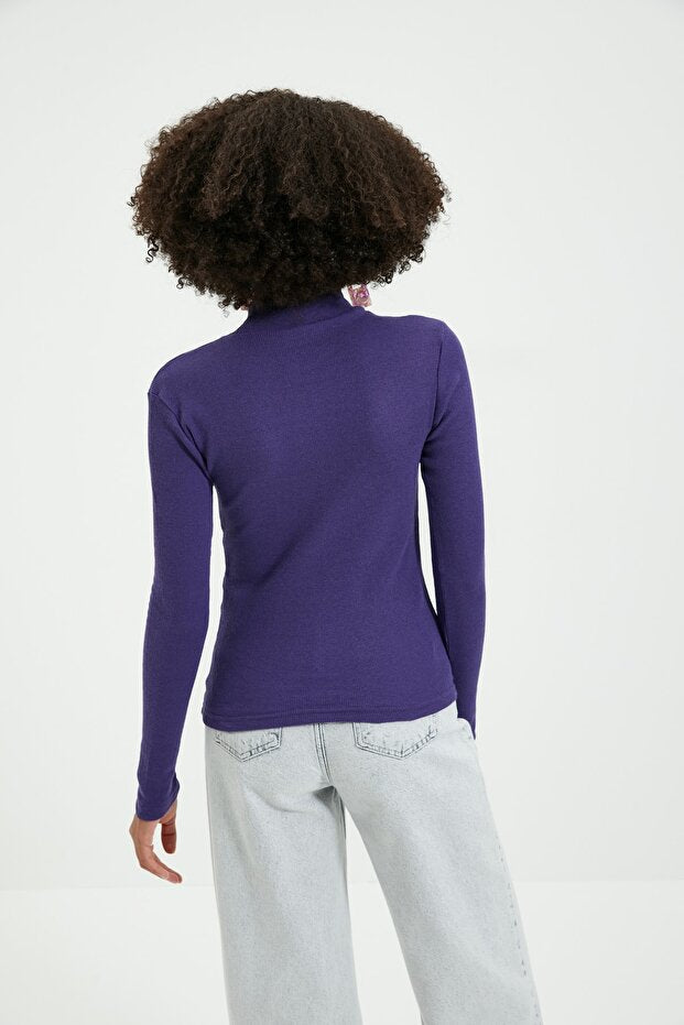 Purple Fitted High Neck Long Sleeve Ribbed Stretchy Knitted Blouse