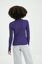 Purple Fitted High Neck Long Sleeve Ribbed Stretchy Knitted Blouse