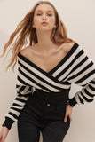 Woman's Black Front Back and Double Breasted Crop Striped Knitwear Sweater