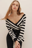 Woman's Black Front Back and Double Breasted Crop Striped Knitwear Sweater