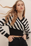 Woman's Black Front Back and Double Breasted Crop Striped Knitwear Sweater