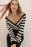 Woman's Black Front Back and Double Breasted Crop Striped Knitwear Sweater