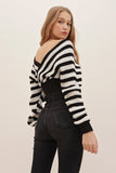 Woman's Black Front Back and Double Breasted Crop Striped Knitwear Sweater