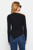 Black Draped Boat Neck Asymmetrical Knitted Blouse