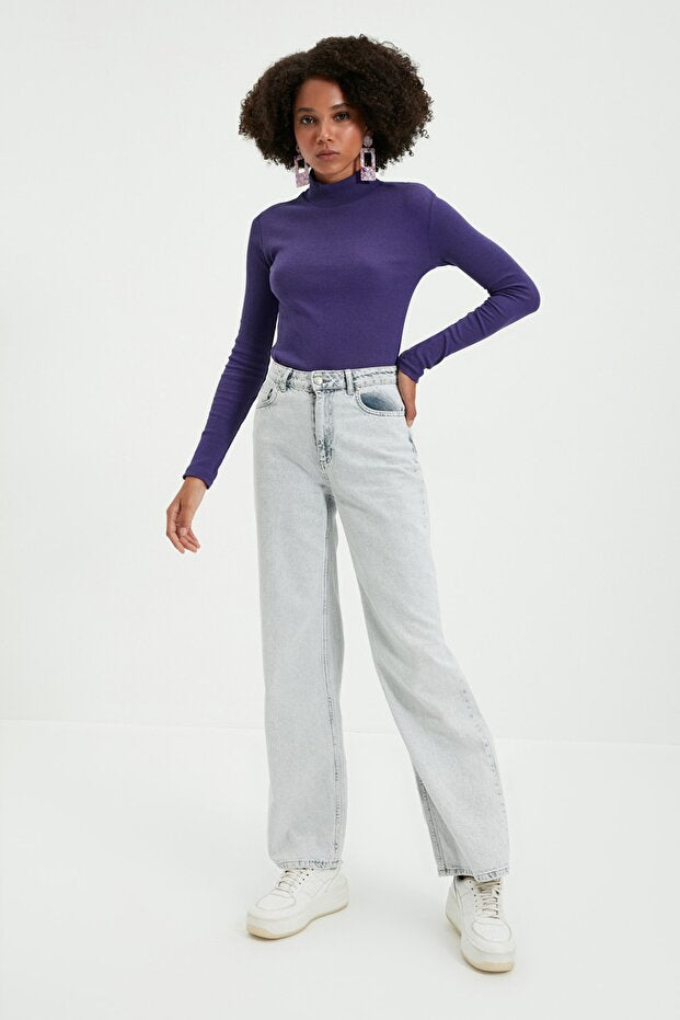 Purple Fitted High Neck Long Sleeve Ribbed Stretchy Knitted Blouse