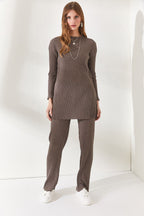 Women's Mink Top Slit Blouse Bottom Palazzo Corded Suit - All About Eg