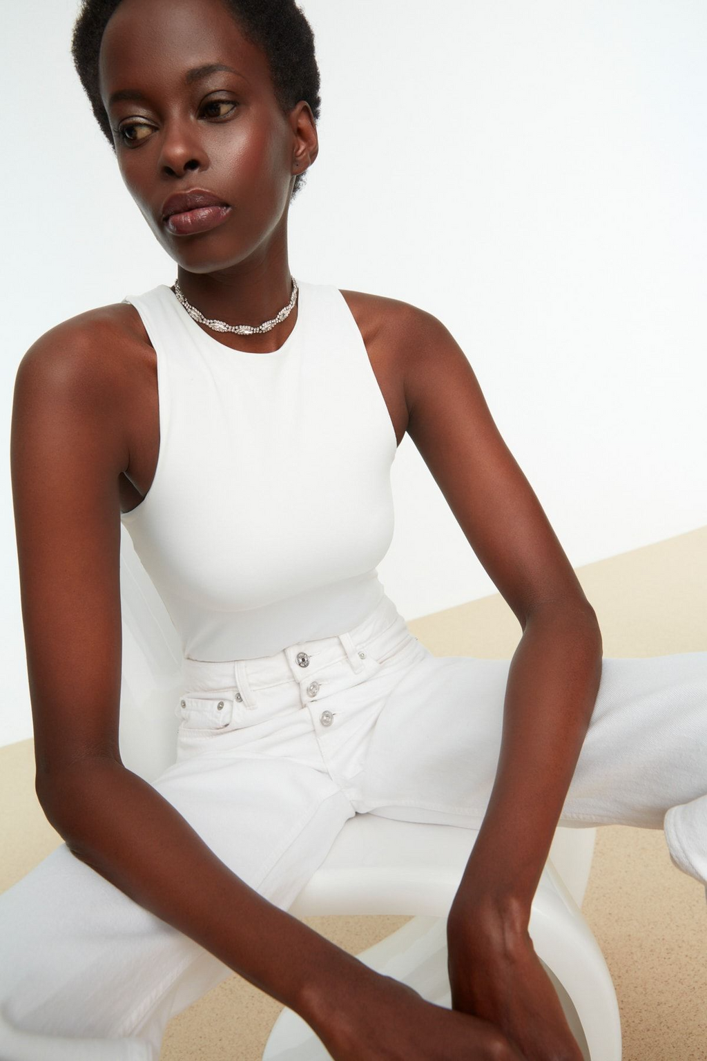 White Halter Neck Body Fitting Flexible Snap Knitted Body - All About Eg