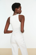 White Halter Neck Body Fitting Flexible Snap Knitted Body - All About Eg