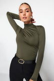 Khaki Gather Detailed Stand Collar Stretch Knitted Body with Snap Fasteners