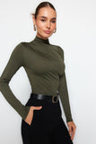 Khaki Gather Detailed Stand Collar Stretch Knitted Body with Snap Fasteners