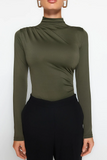 Khaki Gather Detailed Stand Collar Stretch Knitted Body with Snap Fasteners