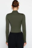 Khaki Gather Detailed Stand Collar Stretch Knitted Body with Snap Fasteners