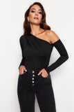 Black Asymmetric Collar Long Sleeve Stretch Snap Knitted Body