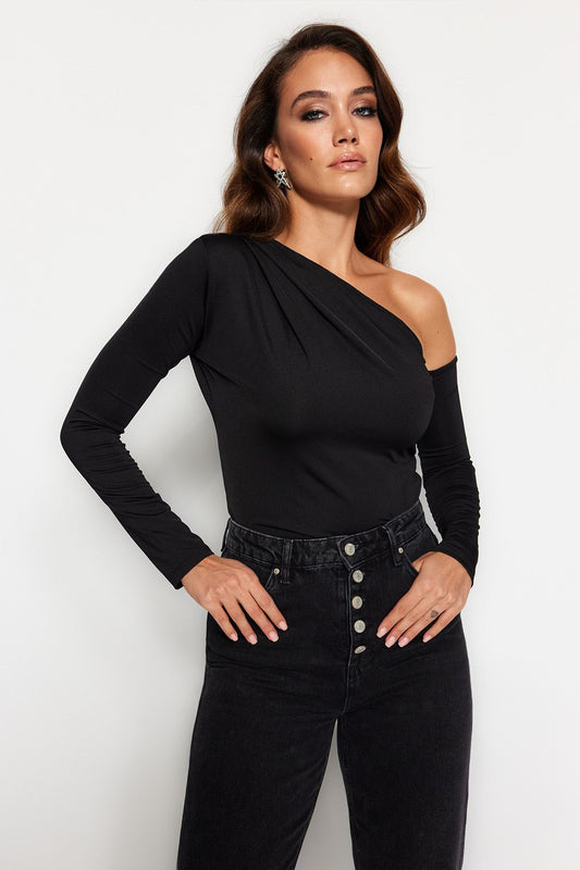 Black Asymmetric Collar Long Sleeve Stretch Snap Knitted Body - All About Eg
