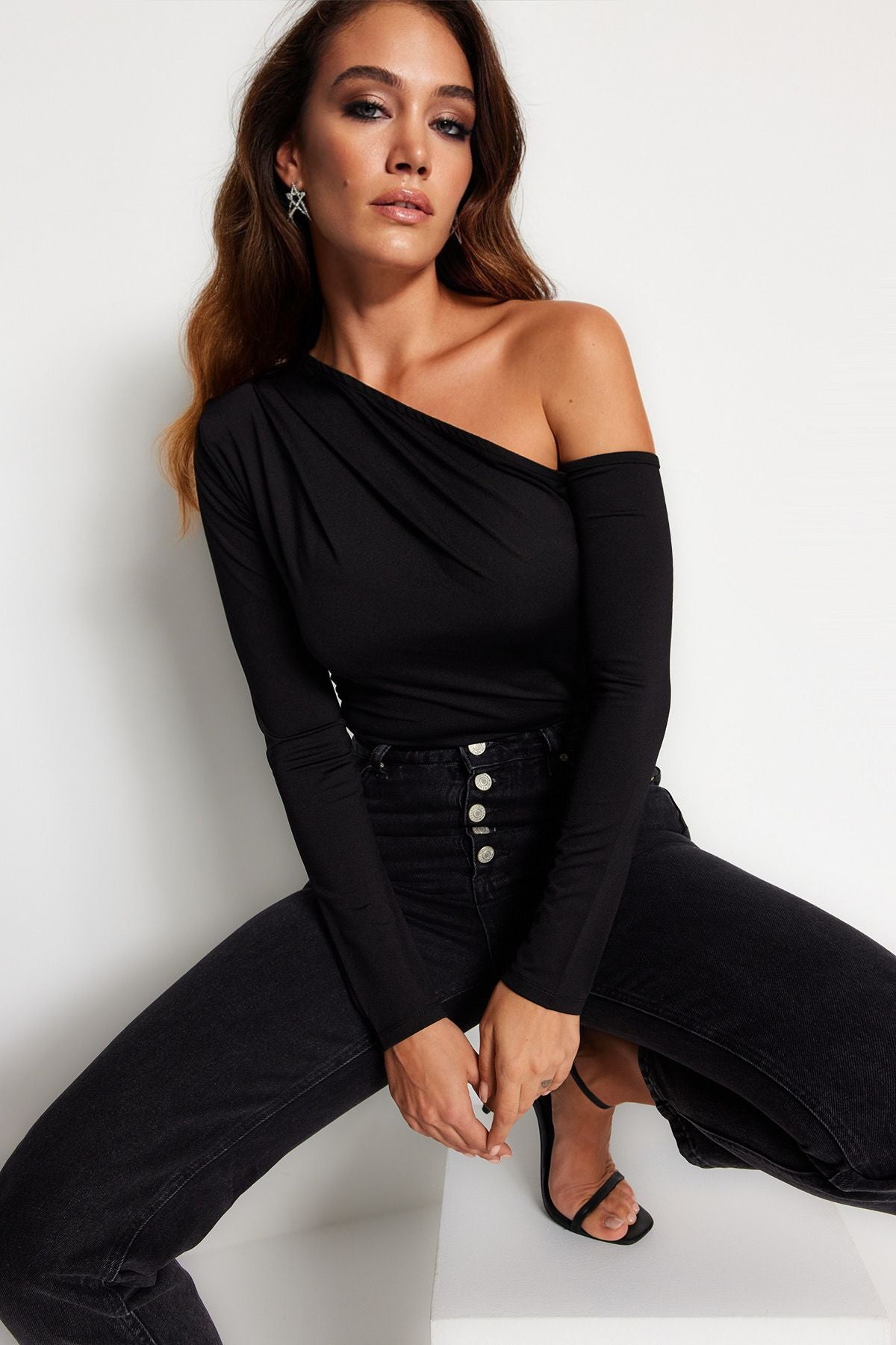 Black Asymmetric Collar Long Sleeve Stretch Snap Knitted Body - All About Eg